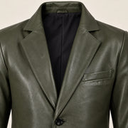 MOTOGRIP Fernwick men's Dark Green Sheepskin Leather Blazer, close-up of leather and construction details.