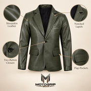 MOTOGRIP Fernwick men's Dark Green Sheepskin Leather Blazer, feature infographic.