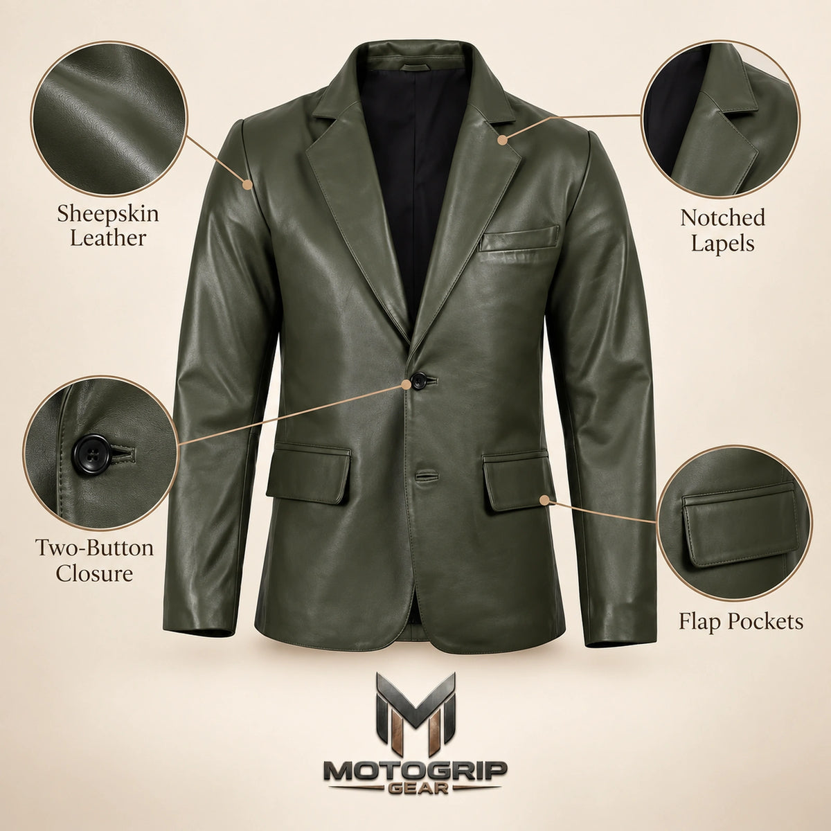 MOTOGRIP Fernwick men's Dark Green Sheepskin Leather Blazer, feature infographic.