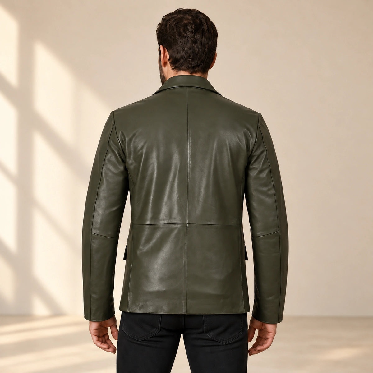 MOTOGRIP Fernwick men's Dark Green Sheepskin Leather Blazer, back view on a model.