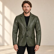 MOTOGRIP Fernwick men's Dark Green Sheepskin Leather Blazer, front view on a model.