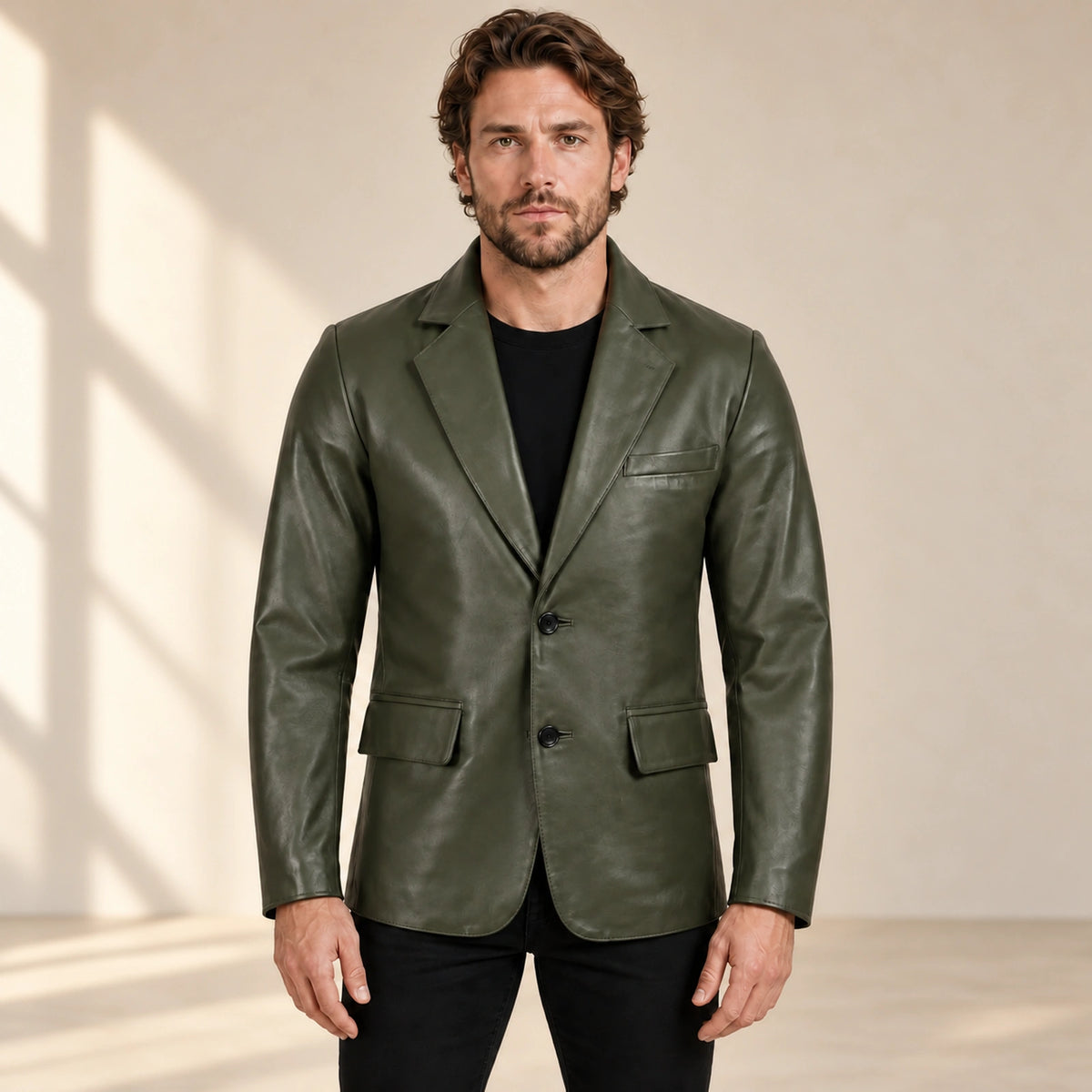 MOTOGRIP Fernwick men's Dark Green Sheepskin Leather Blazer, front view on a model.