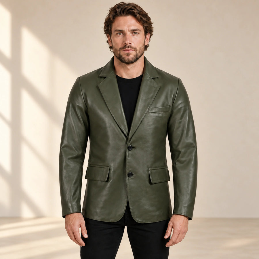 MOTOGRIP Fernwick men's Dark Green Sheepskin Leather Blazer, front view on a model.