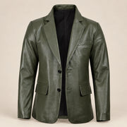 MOTOGRIP Fernwick men's Dark Green Sheepskin Leather Blazer, open-front view showing the lining.