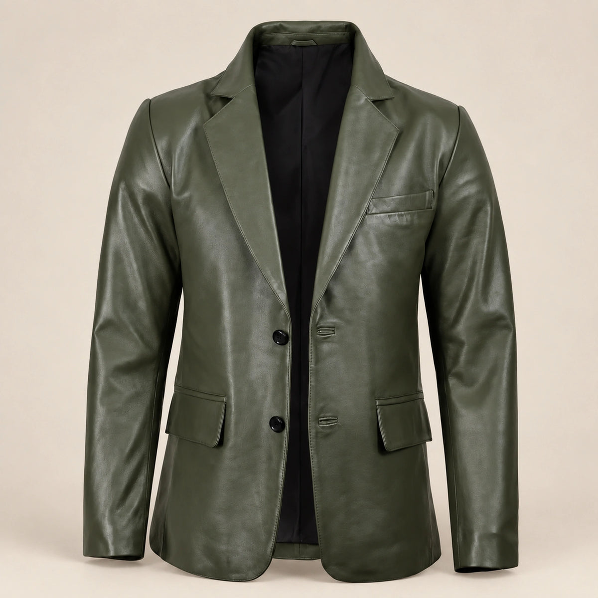 MOTOGRIP Fernwick men's Dark Green Sheepskin Leather Blazer, open-front view showing the lining.