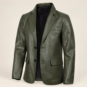 MOTOGRIP Fernwick men's Dark Green Sheepskin Leather Blazer, three-quarter view.
