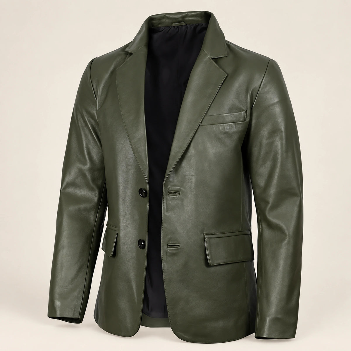 MOTOGRIP Fernwick men's Dark Green Sheepskin Leather Blazer, three-quarter view.