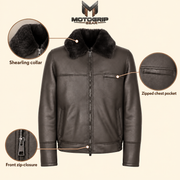 Feature diagram showing visible garment details of the Glenwick men's black shearling bomber jacket.