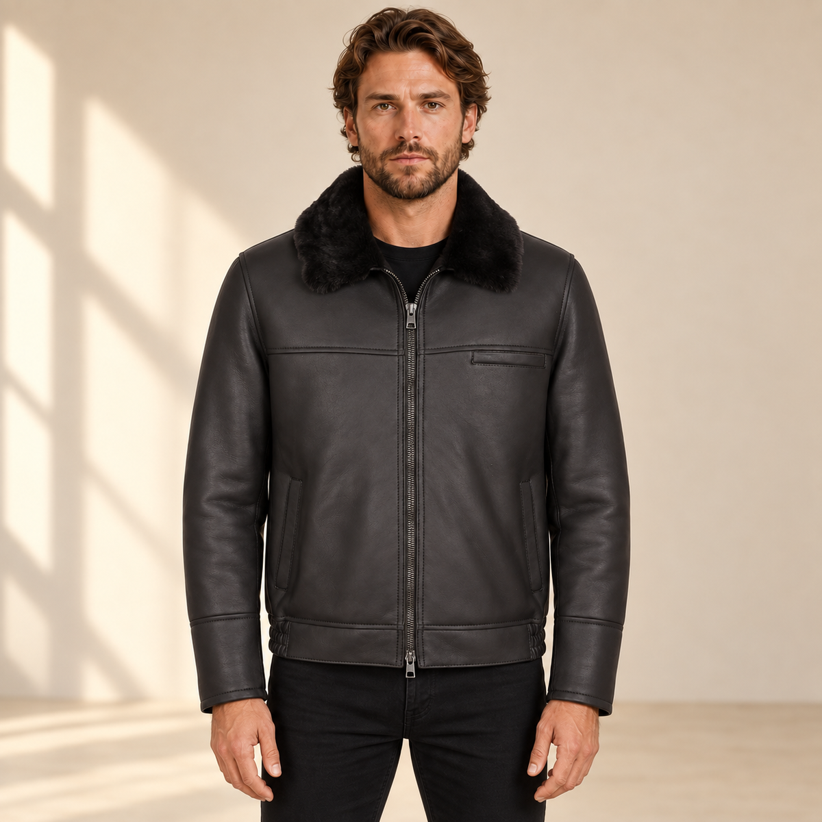Front view worn by a male model of the Glenwick men's black shearling bomber jacket.