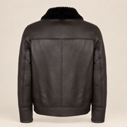 Straight rear product view of the Glenwick men's black shearling bomber jacket.