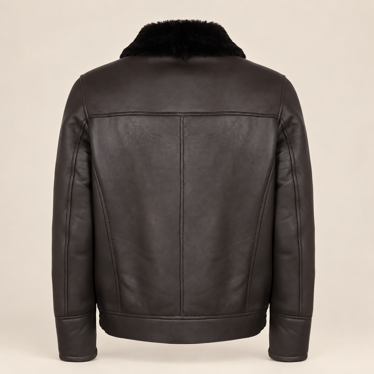 Straight rear product view of the Glenwick men's black shearling bomber jacket.