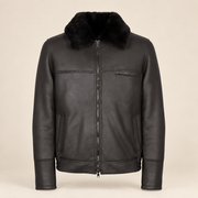 Straight front product view of the Glenwick men's black shearling bomber jacket.