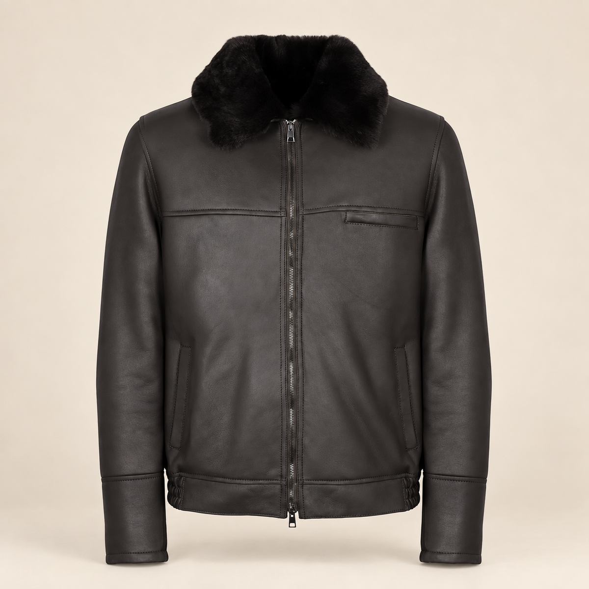 Straight front product view of the Glenwick men's black shearling bomber jacket.
