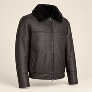 Three-quarter product view of the Glenwick men's black shearling bomber jacket.
