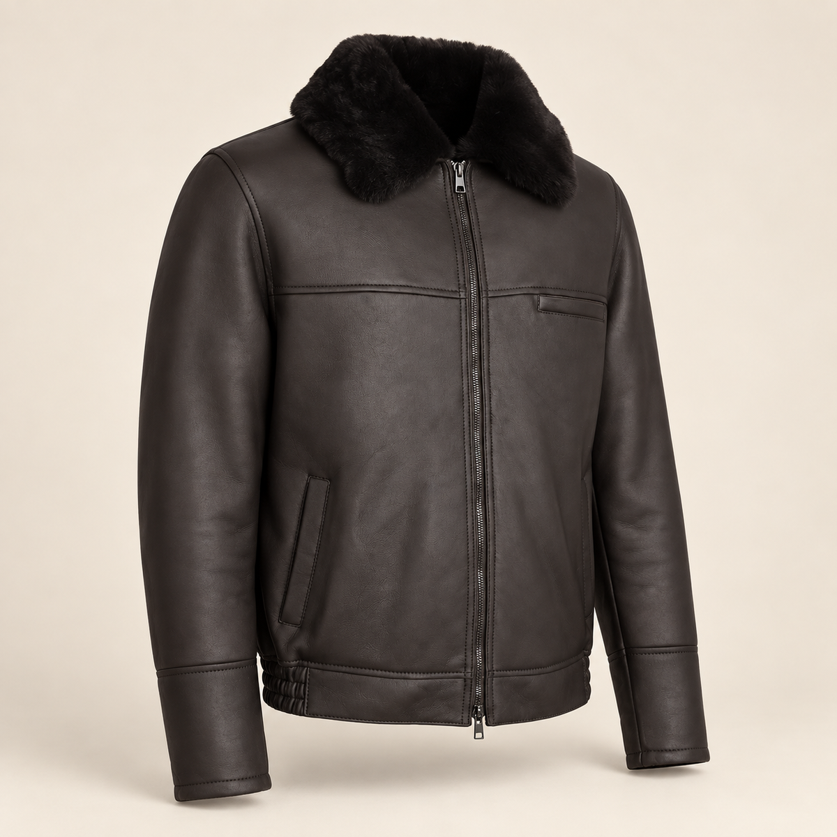 Three-quarter product view of the Glenwick men's black shearling bomber jacket.