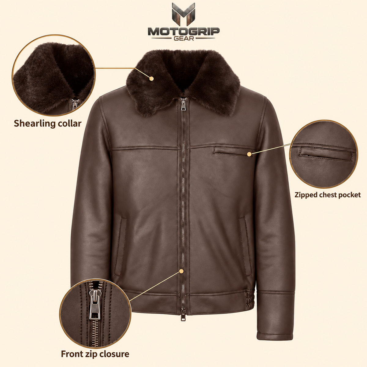 Feature diagram showing visible garment details of the Glenwick men's brown shearling bomber jacket.