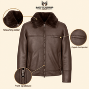 Feature diagram showing visible garment details of the Glenwick men's brown shearling bomber jacket.