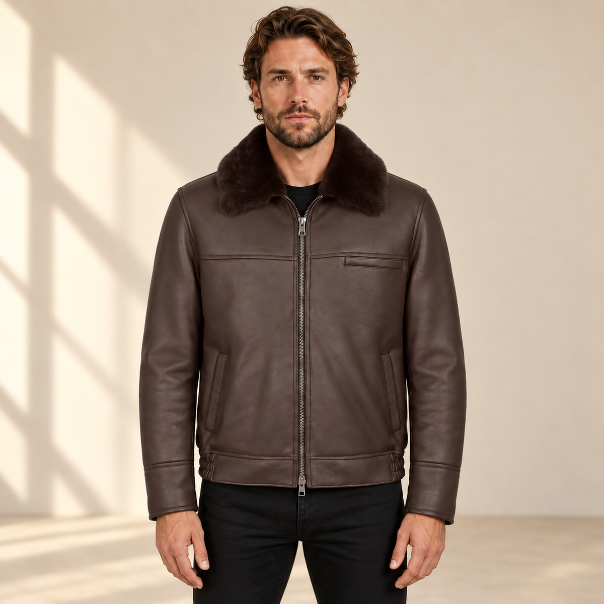 Front view worn by a male model of the Glenwick men's brown shearling bomber jacket.