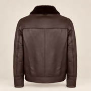 Straight rear product view of the Glenwick men's brown shearling bomber jacket.