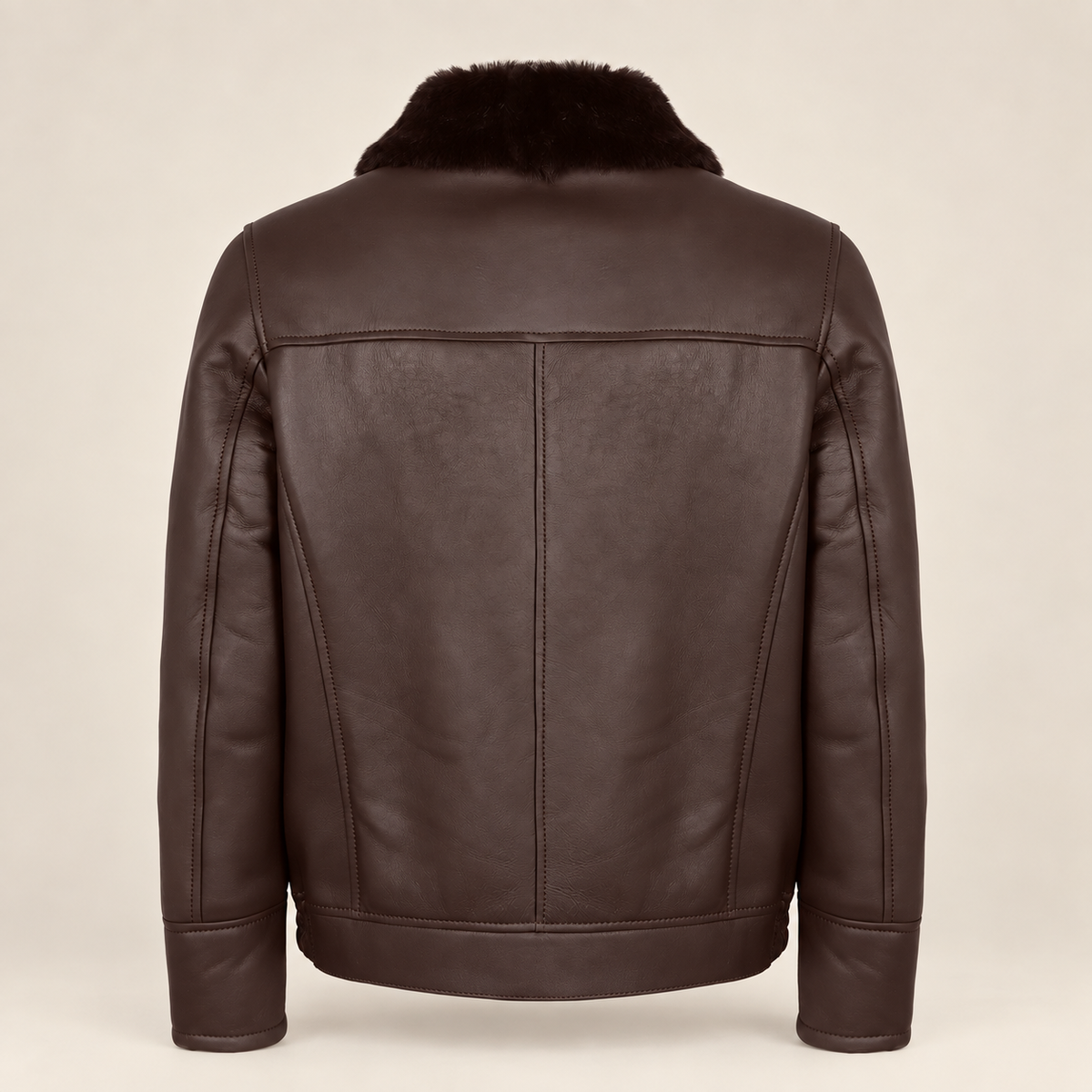 Straight rear product view of the Glenwick men's brown shearling bomber jacket.