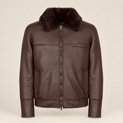 Straight front product view of the Glenwick men's brown shearling bomber jacket.