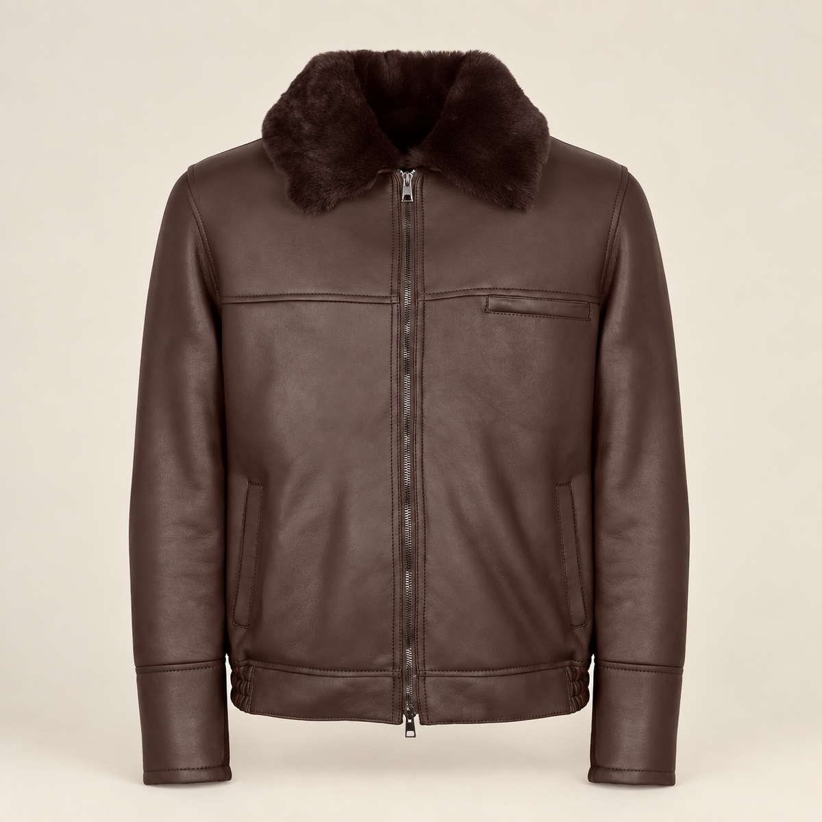Straight front product view of the Glenwick men's brown shearling bomber jacket.