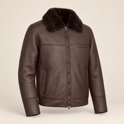 Three-quarter product view of the Glenwick men's brown shearling bomber jacket.
