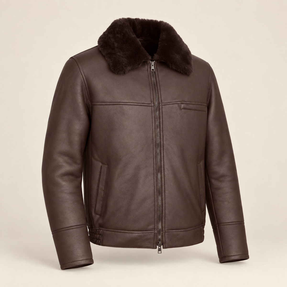 Three-quarter product view of the Glenwick men's brown shearling bomber jacket.