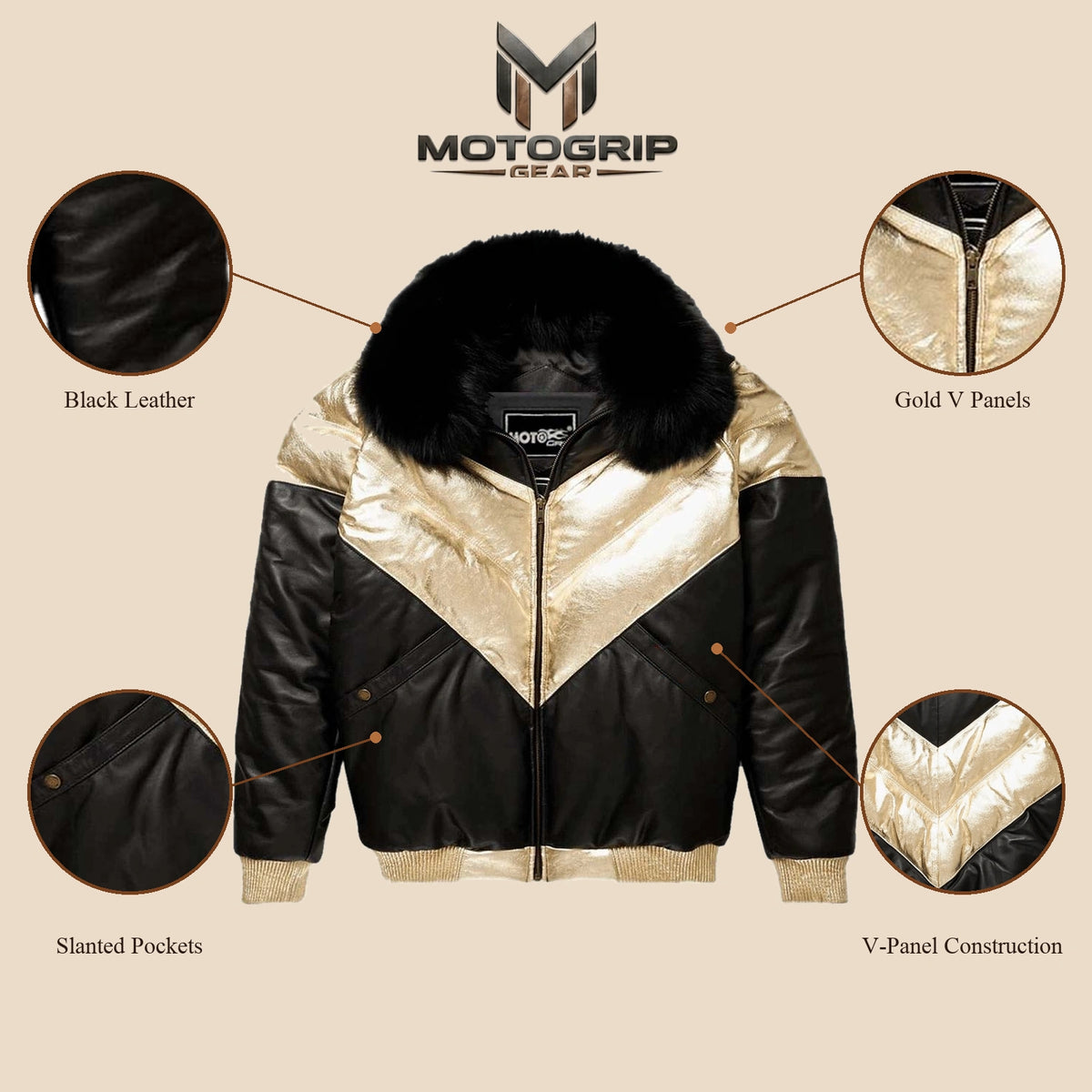Detail infographic of the MOTOGRIP black and gold lambskin leather puffer jacket, showing its black body with gold V panels.