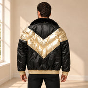 Back model view of the MOTOGRIP black and gold lambskin leather puffer jacket, showing its black body with gold V panels.