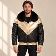 Front model view of the MOTOGRIP black and gold lambskin leather puffer jacket, showing its black body with gold V panels.