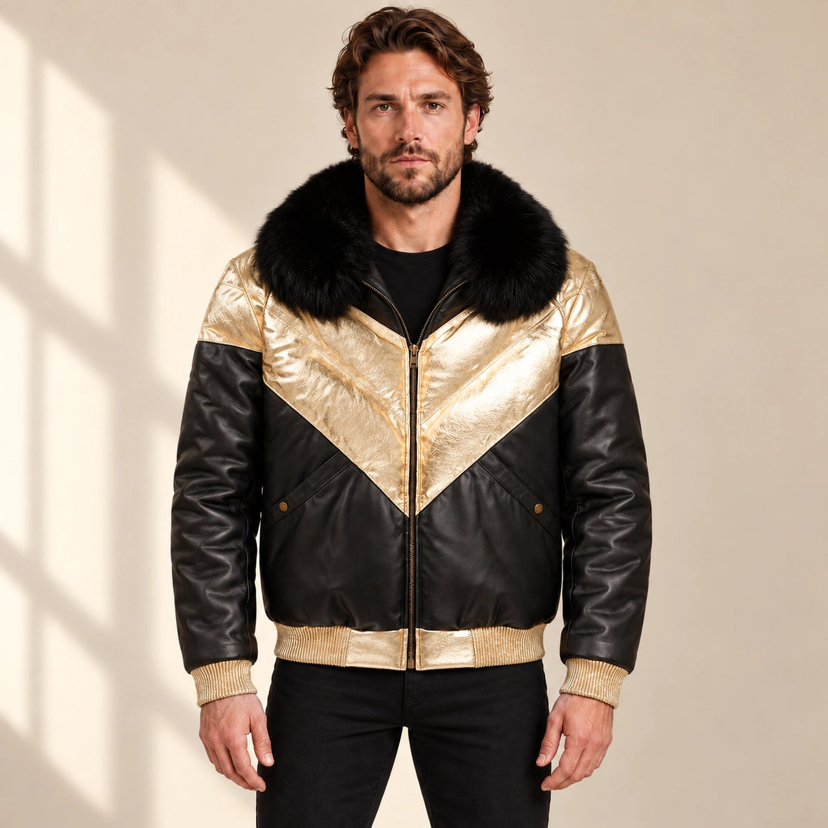 Front model view of the MOTOGRIP black and gold lambskin leather puffer jacket, showing its black body with gold V panels.
