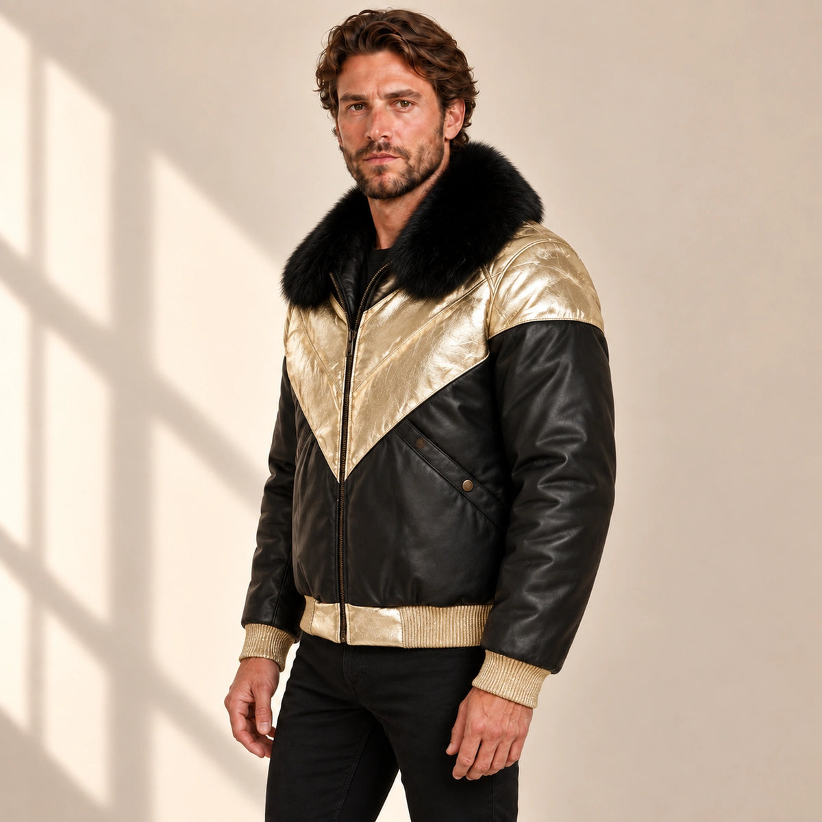 Three-quarter model view of the MOTOGRIP black and gold lambskin leather puffer jacket, showing its black body with gold V panels.