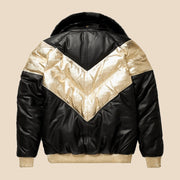 Back view of the MOTOGRIP black and gold lambskin leather puffer jacket, showing its black body with gold V panels.