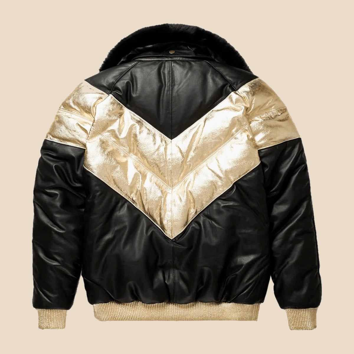 Back view of the MOTOGRIP black and gold lambskin leather puffer jacket, showing its black body with gold V panels.