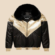 Front view of the MOTOGRIP black and gold lambskin leather puffer jacket, showing its black body with gold V panels.
