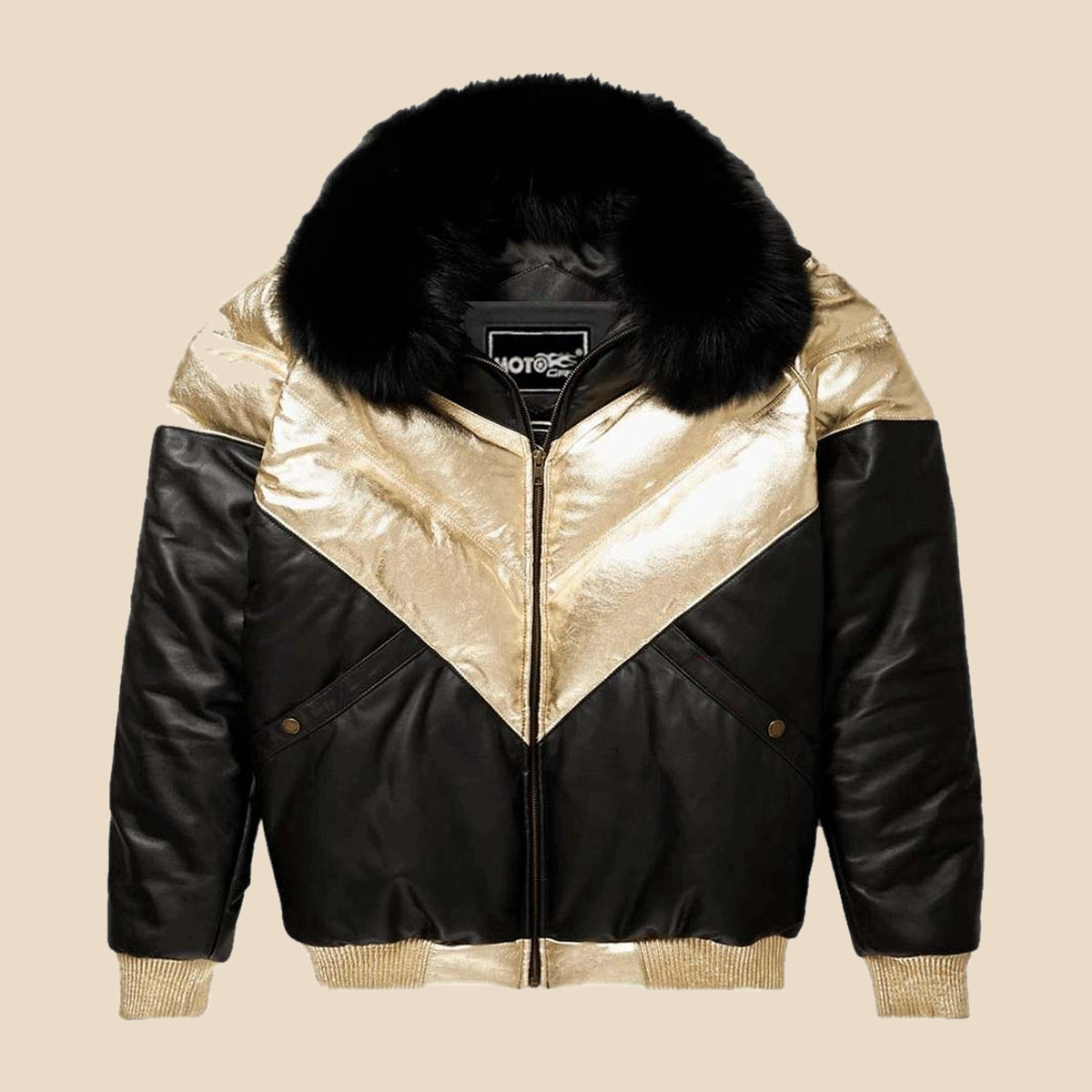 Front view of the MOTOGRIP black and gold lambskin leather puffer jacket, showing its black body with gold V panels.