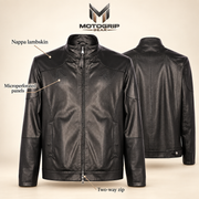 Halden black jacket feature guide highlighting nappa lambskin, microperforated panels and two-way zip.