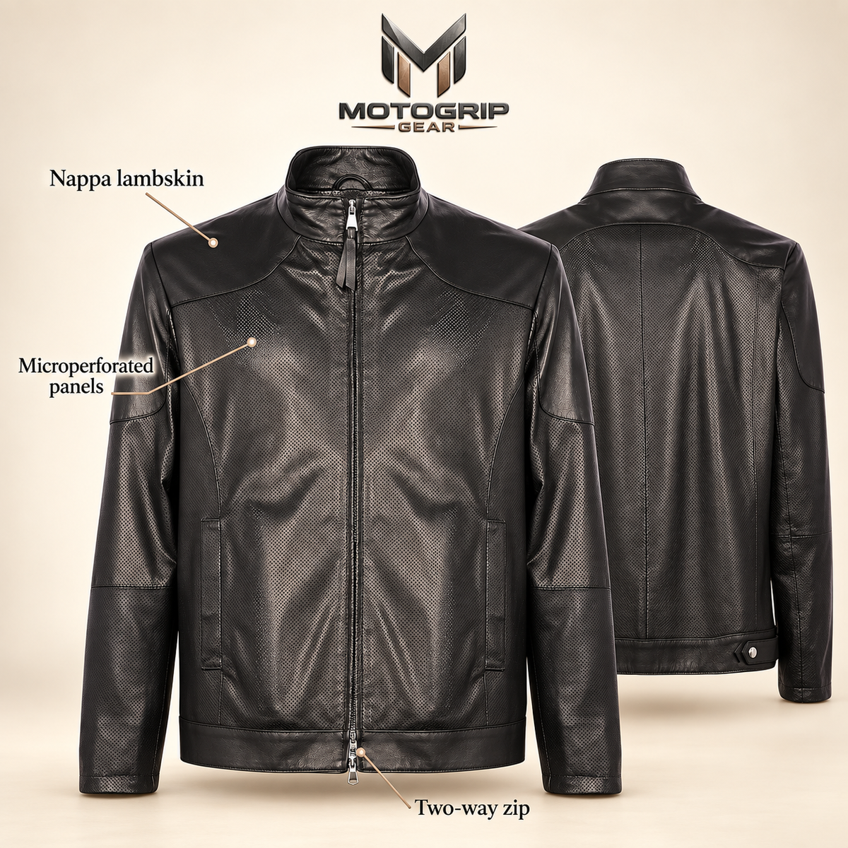 Halden black jacket feature guide highlighting nappa lambskin, microperforated panels and two-way zip.