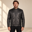 Man wearing the Halden black perforated lambskin biker jacket, front view.