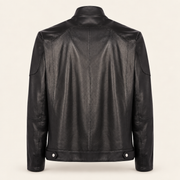 Back of the Halden black jacket with perforated panels and two snap-fastened hem tabs.