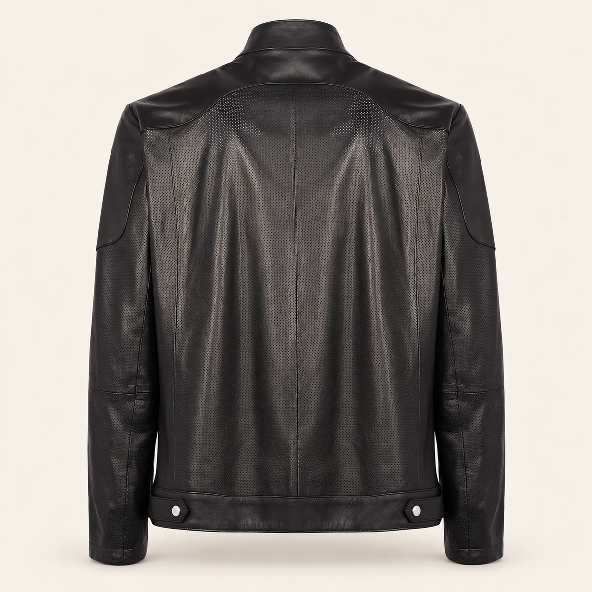 Back of the Halden black jacket with perforated panels and two snap-fastened hem tabs.