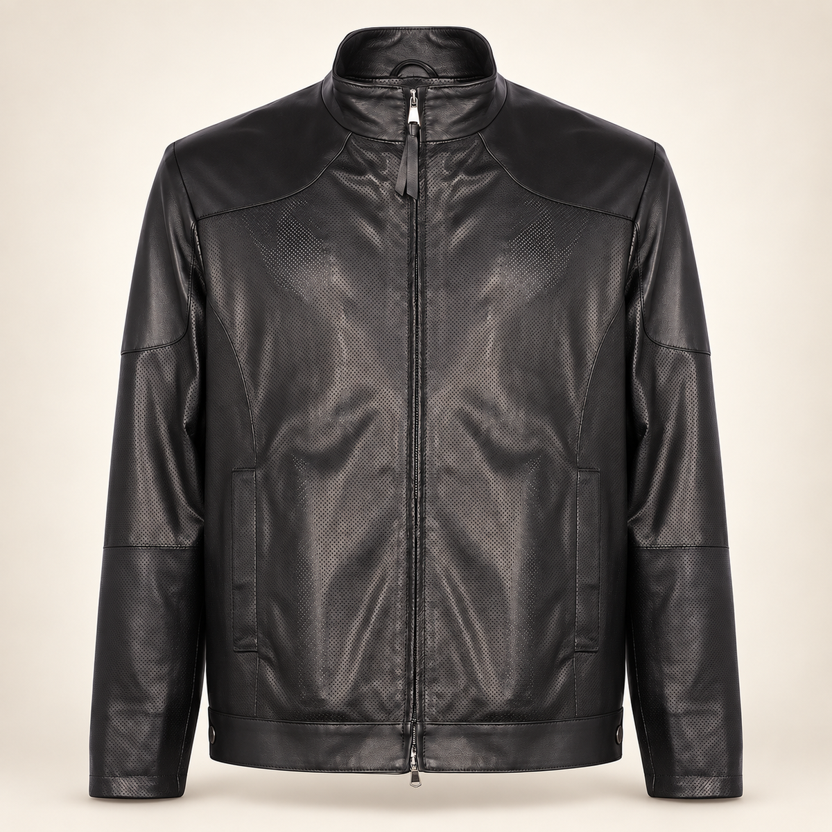Halden black leather biker jacket from the front with stand collar and two-way zipper.