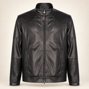 Halden black leather biker jacket from the front with stand collar and two-way zipper.