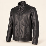 Three-quarter view of the Halden black biker jacket showing smooth shoulder panels and perforated sleeves.