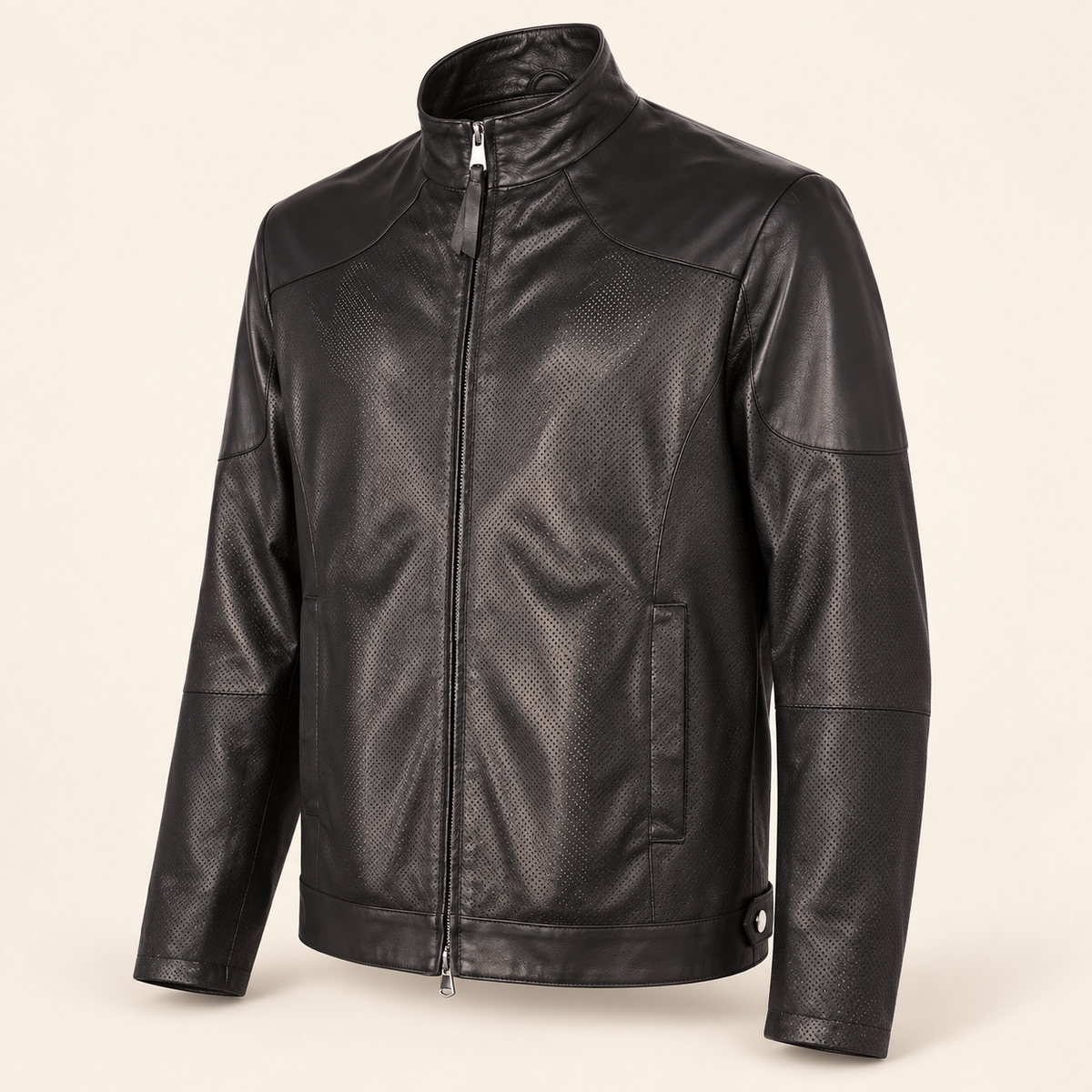 Three-quarter view of the Halden black biker jacket showing smooth shoulder panels and perforated sleeves.
