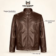 Halden chocolate brown jacket feature guide highlighting nappa lambskin, microperforated panels and two-way zip.