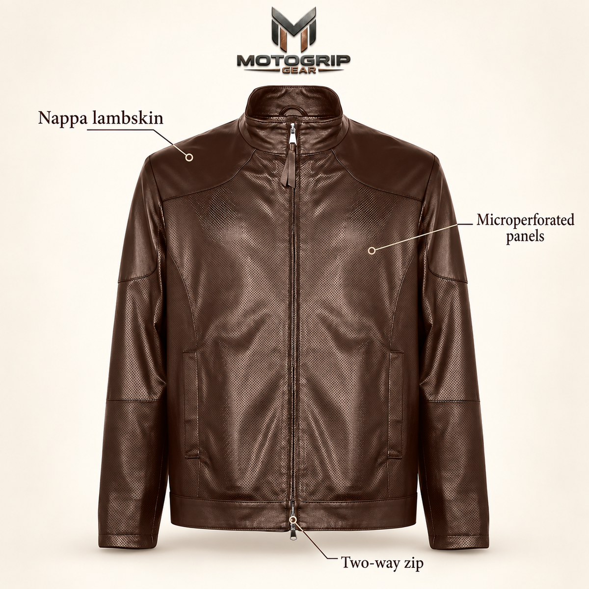 Halden chocolate brown jacket feature guide highlighting nappa lambskin, microperforated panels and two-way zip.