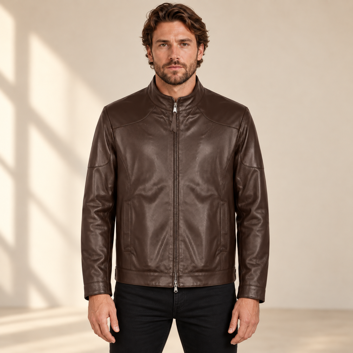 Man wearing the Halden chocolate brown perforated lambskin biker jacket, front view.