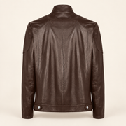 Back of the Halden chocolate brown jacket with perforated panels and two snap-fastened hem tabs.